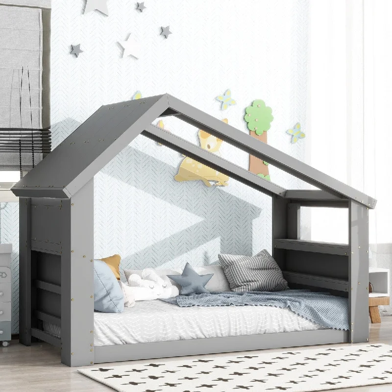 Twin Size House Floor Bed with Roof Window, Led Light