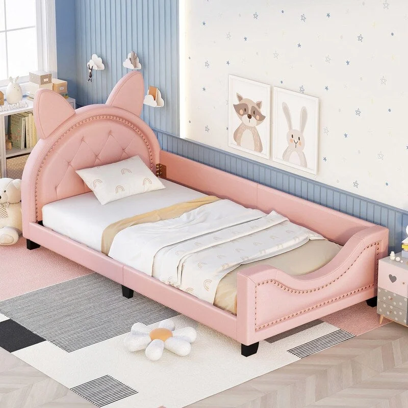 Twin Size Kid Bed,Upholstered Platform Bed With Carton Ears Shaped Headboard,Pink