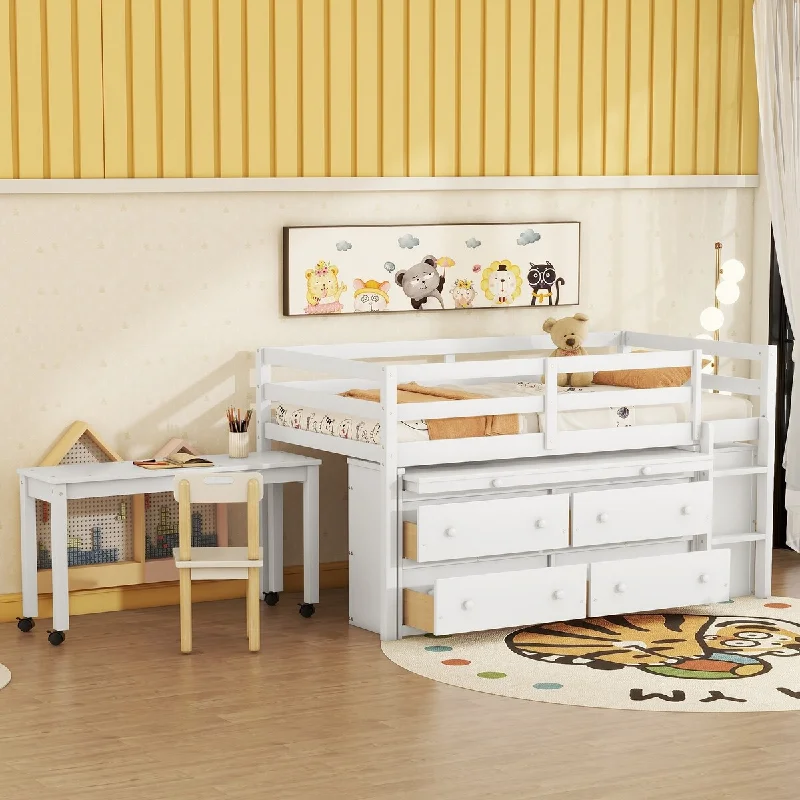 Twin Size Loft Bed with Retractable Writing Desk and Additional Drawers for Organized Living