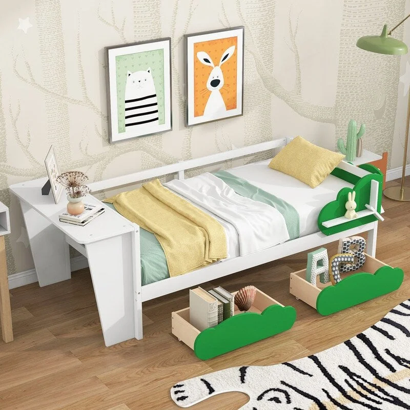 Twin Size Solid Wood Kids Bed With Storage Shelves/Drawers/Built-In Desk