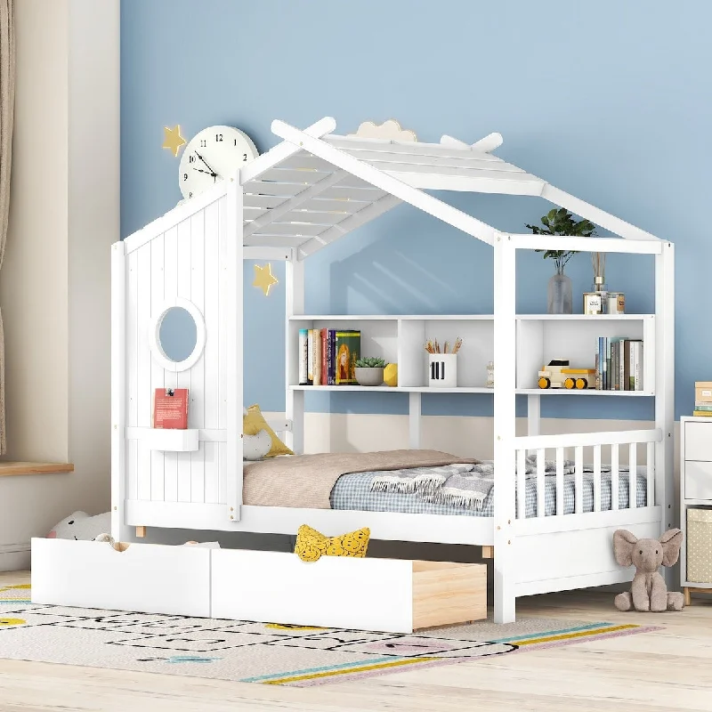 Twin Size White House Bed with Roof, 2 Drawers, and Storage Shelf - Playful Design for Kids' Bedroom