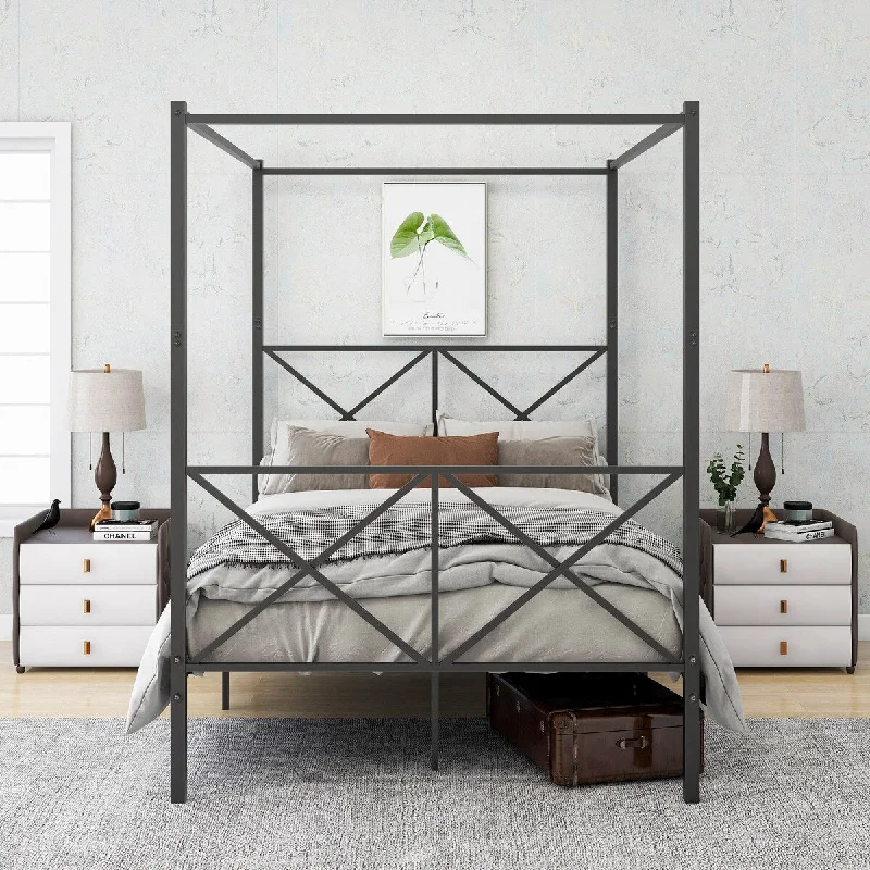 Vintage Black Metal Canopy Bed Frame, Featuring an Elegant X-Shaped Design, Full Size