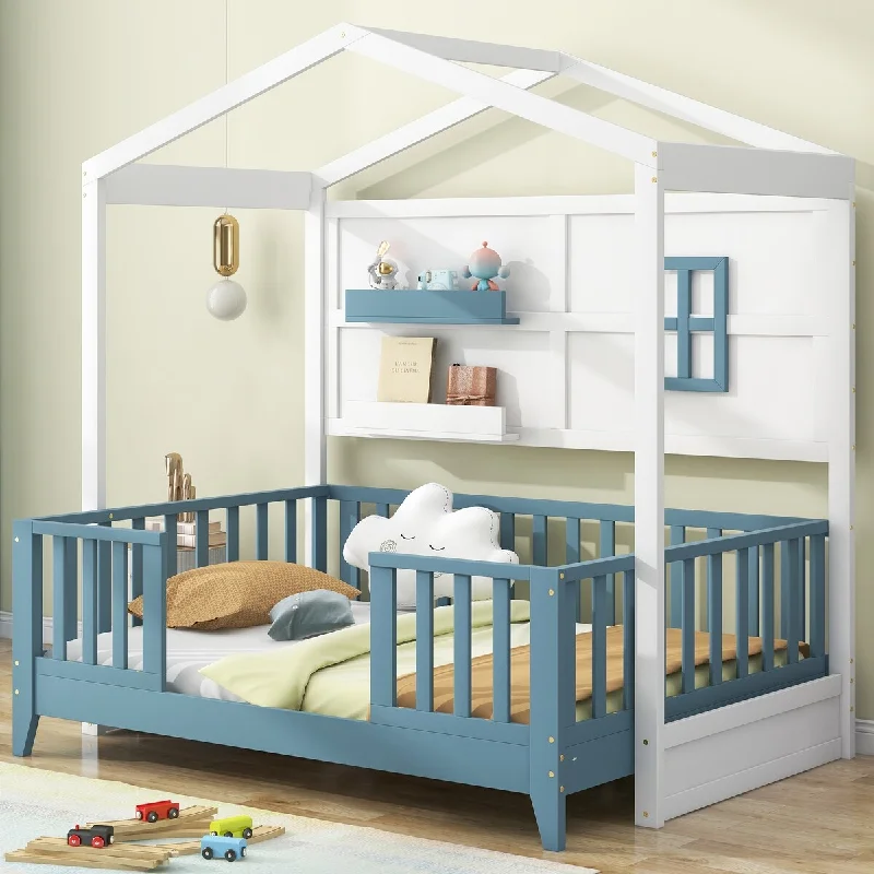 White & Blue Twin Size Wood House Bed with 2 Shelves and Guardrail