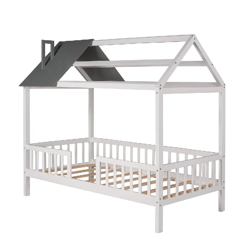 White+Gray Twin Size Pine Wood House Platform Bed with Roof and Fence