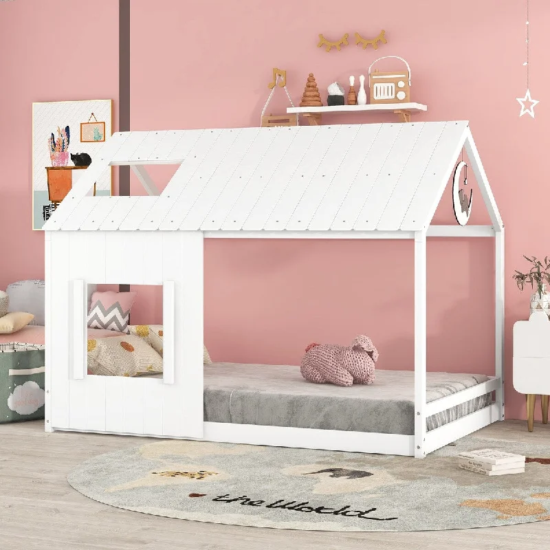 White Modern Pine Wood House Bed with Roof and Window, Sturdy Construction