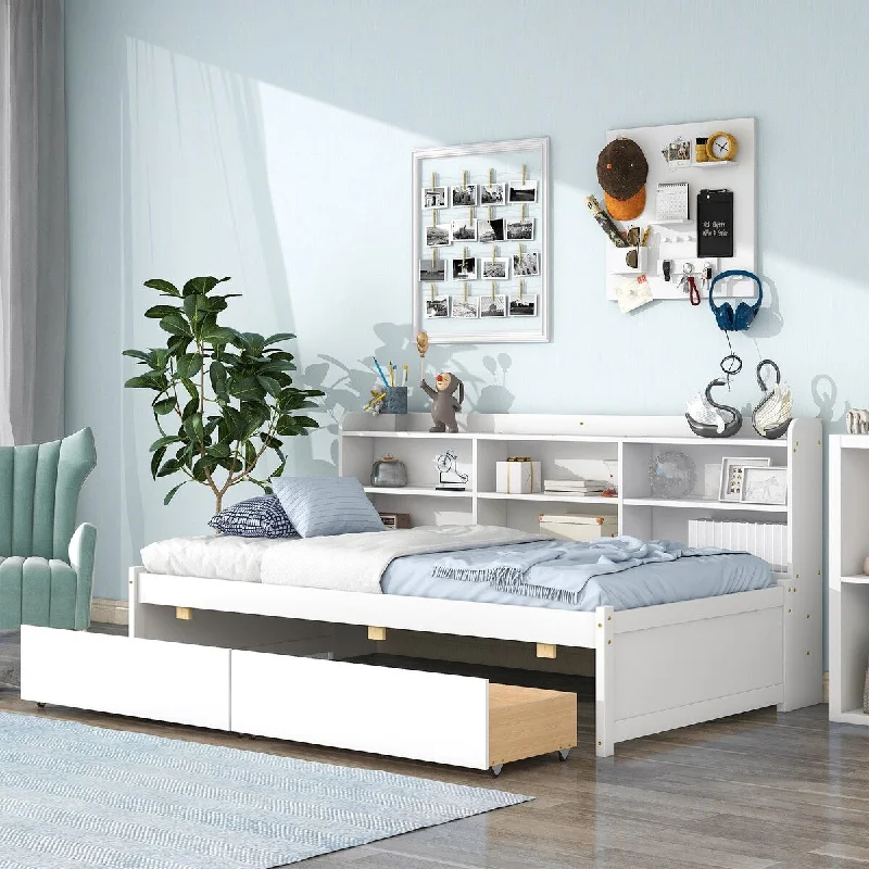 White Pine Wood Twin Bed with Full-Length Bookcase and Drawers