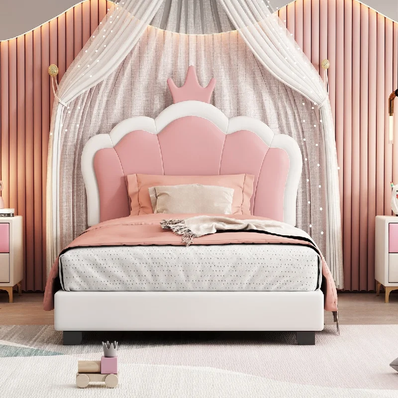 White+Pink Twin Upholstered Bed with Crown Headboard