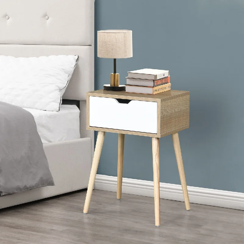 White Solid Wood Bedside Cabinet with One Drawer, Natural MDF Material, and Rubberwood Feet