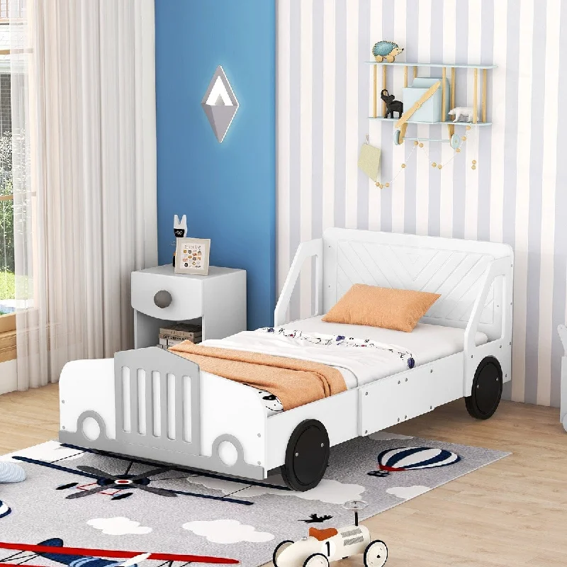 White Twin Size Unique Car Platform Bed with Wheel Legs