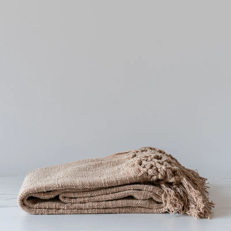 Brown Cotton Slub Throw Blanket with Fringe