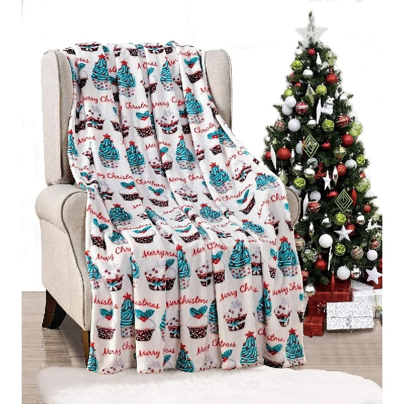 Décor&More Santa's Little Helper Collection Festive and Cuddly Holiday Microplush Throw Blanket (50" x 60") - Cupcakes