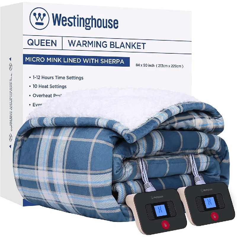 Electric Blanket Heated Blanket, Plaid Sherpa Heating Blanket, 10 Heat Settings & 1-12 Hours Time Settings