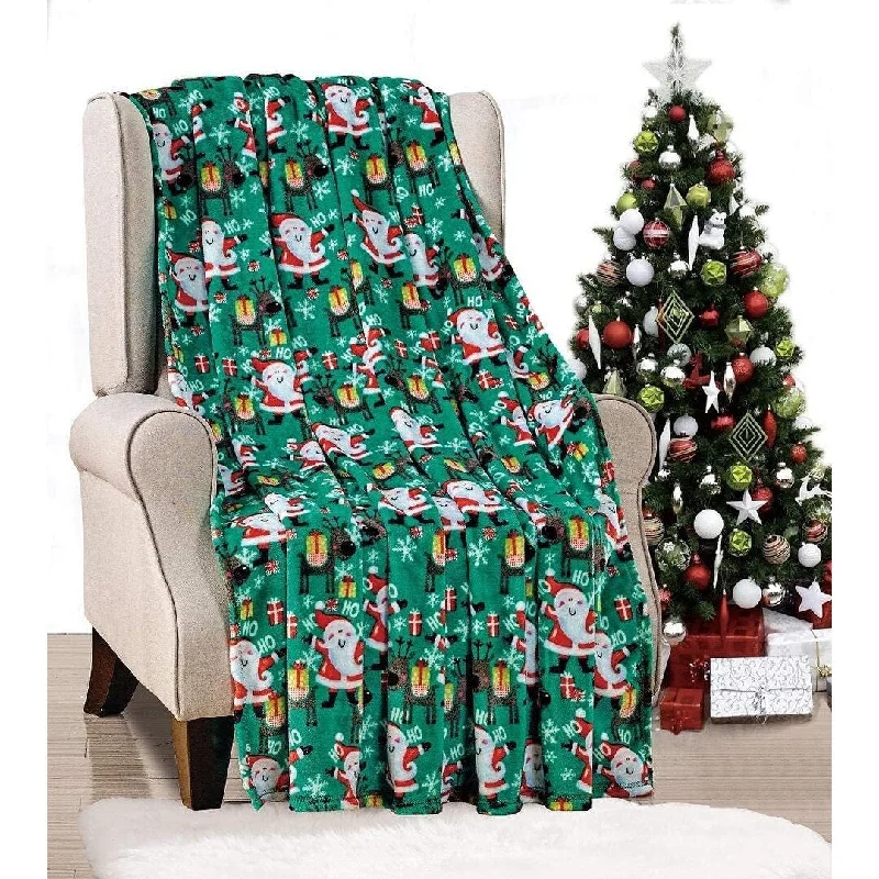 Ho Ho Ho Merry Christmas Collection Microplush Holiday Throw Blanket (60" x 50") - Green Santa - Christmas Throw Blanket