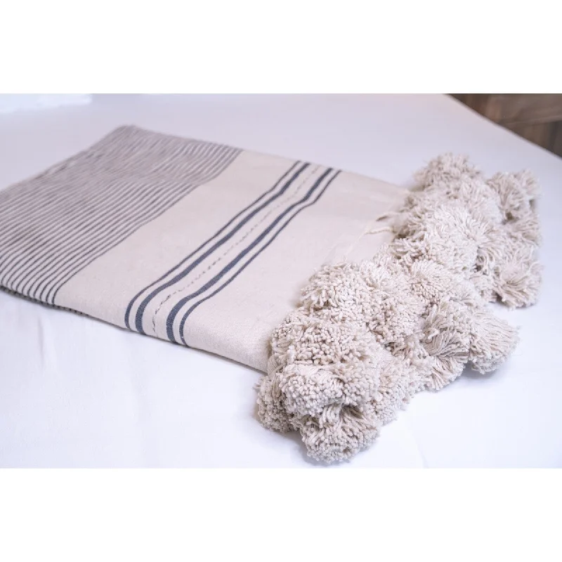 Moroccan Blanket with Pom Pom in Beige and Light Blue