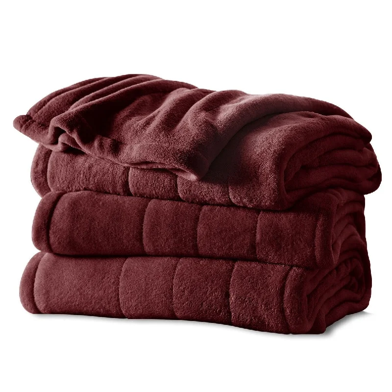 Sunbeam Heated Electric Blanket Channeled Velvet Plush Twin Size Garnet