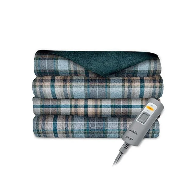 Sunbeam Velvet Plush Electric Heated Throw Blanket Blue Clifford Plaid Washable Auto Shut Off 3 Heat Settings